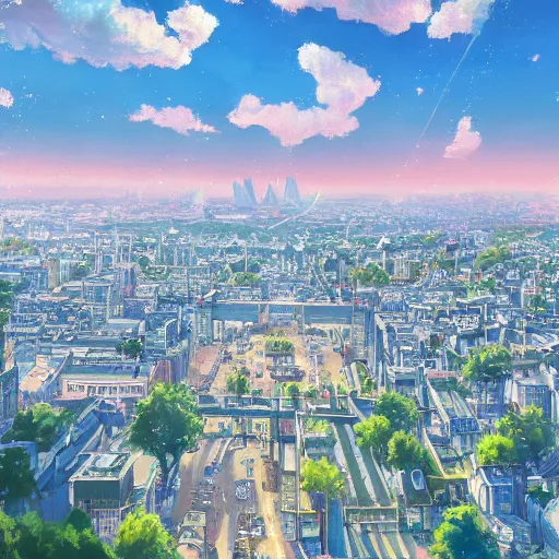 Image similar to A beautiful painting of London ,Anime ,nature ,illustration, Nature wallpaper, Bright and airy, Aerial, Makoto shinkai ,Trending on artstation