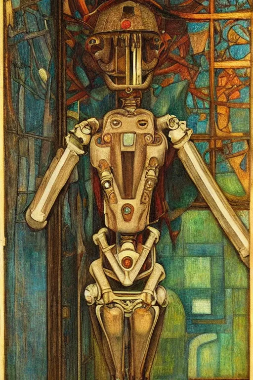 Image similar to the robot wearing her bone crown stands by the window , by Annie Swynnerton and Diego Rivera and Elihu Vedder, symbolist, dramatic lighting, elaborate geometric ornament, Art Brut, soft blues and greens,smooth, sharp focus, extremely detailed, Adolf Wölfli and Evelyn De Morgan