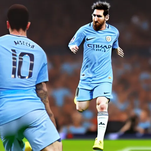 Image similar to messi playing in manchester city kit with pep guardiola, high - res photorealistic