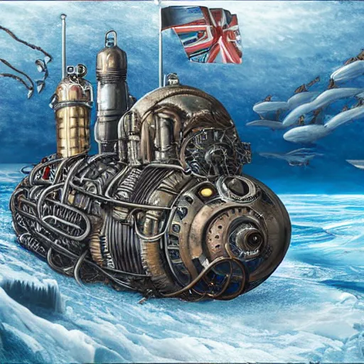 Image similar to barotrauma submarine being attacked by crawlers under the europa ice, hyper realism, ornate intricate details, high detail, steampunk, 4K, deep aesthetic, rich colors, variations,