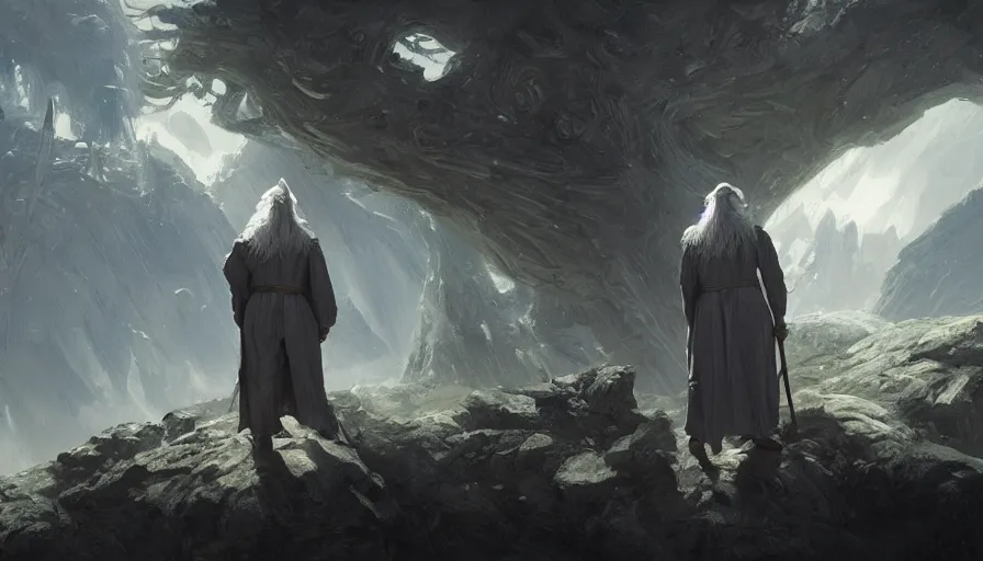 Image similar to a beautiful painting of gandalf on an alien world, ray traced lighting by jean kalin popov and greg rutkowski