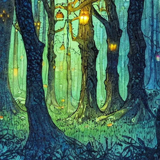 Image similar to Forest at night with floating lights, magical, by Rebecca Guay