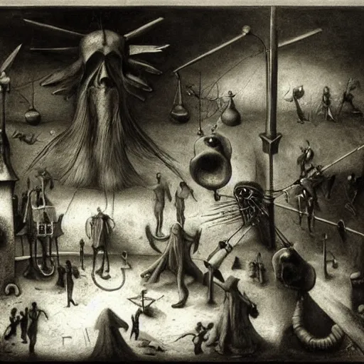 Prompt: plague doctors in the mist with weird rube goldberg machines, minimalist, joel peter witkin, heironymus bosch, gustave dore, beksinski, giger'