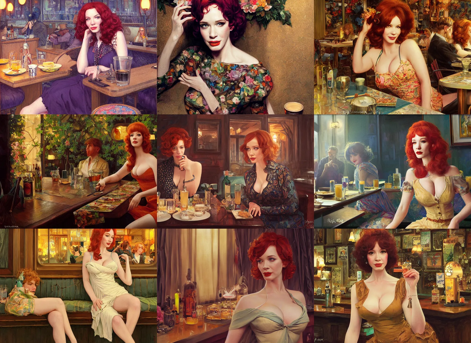 Prompt: sophisticated Christina Hendricks as a 1960s flower hippie relaxing in a smokey Paris tavern, elegant, highly detailed, shallow depth of field, concept art, Artstation, Artgerm, Donato Giancola, Joseph Christian Leyendecker