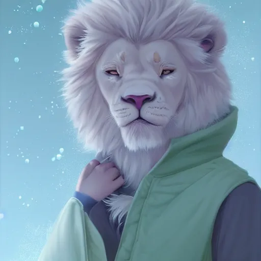 Image similar to aesthetic portrait commission of a albino male furry anthro lion cub popping floating bubbles while wearing a cute mint colored cozy soft pastel winter outfit, winter Atmosphere. Character design by charlie bowater, ross tran, artgerm, and makoto shinkai, detailed, inked, western comic book art, 2021 award winning painting