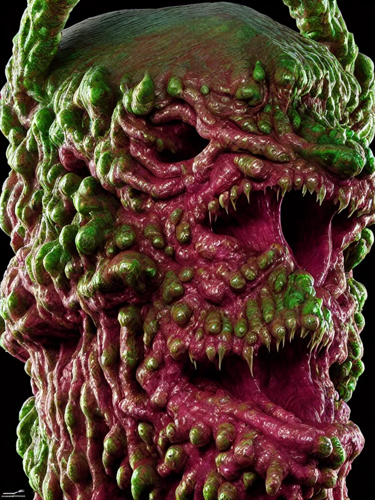 Image similar to hyperrealistic rendering, fat smooth wet cronenberg flesh monster smooth kaiju by art of skinner and richard corben and jeff easley, product photography, action figure, sofubi, studio lighting, colored gels, skulls and ribcages