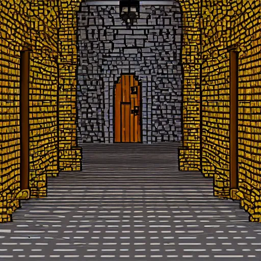 Image similar to corridor in old castle, highly detailed, old stone, wood, pixel art