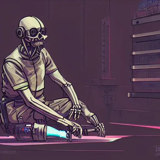 Prompt: cyberpunk skeleton maintenance worker fixing a modem, sharp lines, digital, artstation, colored in
