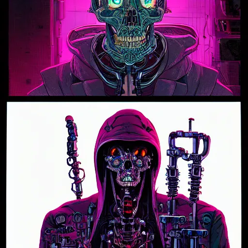 Image similar to portrait of a cybernetic evil undead skeleton sorcerer surrounded by lab equipment, cyberpunk concept art by josan gonzales and moebius and enki bilal and and dan mumford and jean claude meziere and philippe druilleg