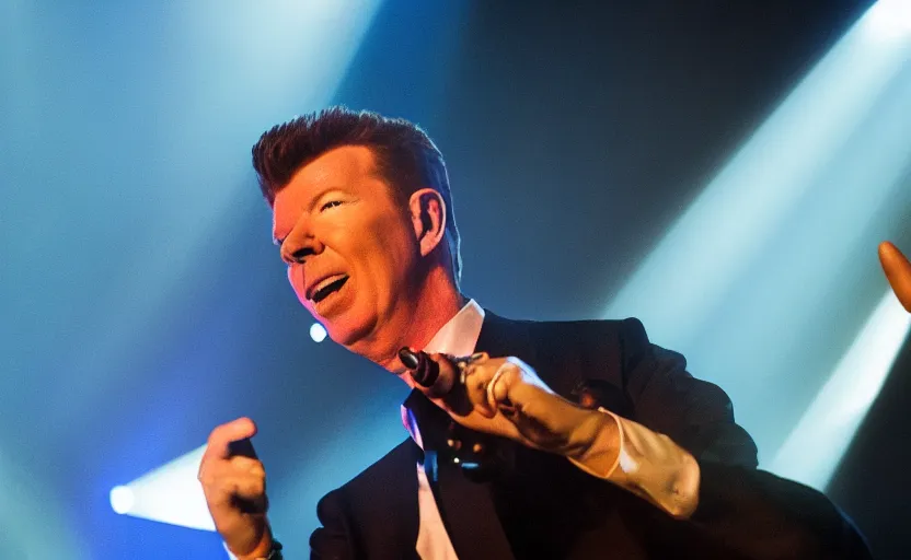 Image similar to photo of rick astley giving up, dramatic blue dark lighting, ultra detailed, movie frame, cinematical composition, 4 k, dad
