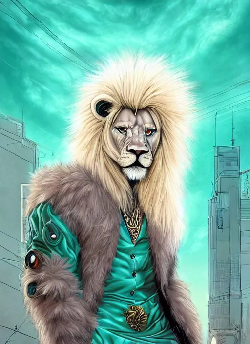 Image similar to aesthetic portrait commission of a of a male fully furry muscular anthro albino lion with a tail and a beautiful attractive hyperdetailed face wearing stylish and creative mint outfit made out of silk in a sci - fi dystopian city at golden hour while it storms in the background. character design by dayer, diego 5, detailed, inked, western comic book art, award winning film poster painting