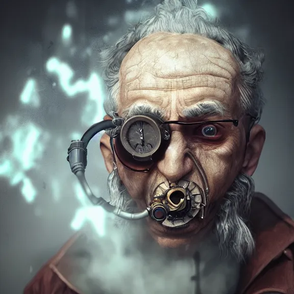 Image similar to a portrait of a steampunk elderly man as a demon on hell, dark, foggy, eerie, splash, sparkle, smoke, particles, octane render, unreal engine, artstation, digital art.