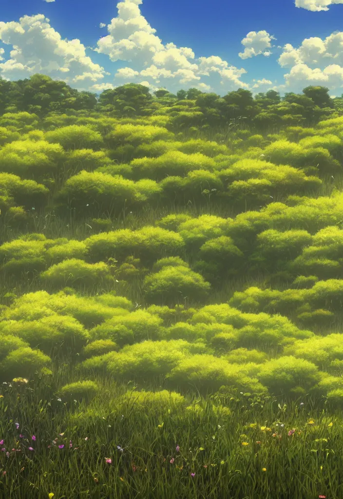 Image similar to a wide meadow with blue sky and a few clouds above, super wide angle, fantasy matte painting by studio ghibli and hayao miyazaki and kazuo oga, hyperrealism, featured on artstation and cgsociety, c 4 d, ultra - realistic, 4 k hd wallpapear,