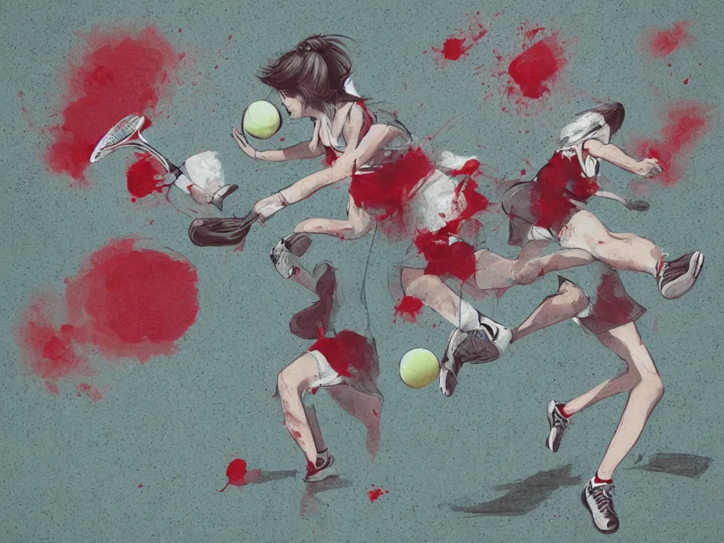 Prompt: young adult women playing tennis with a ball shaped like a rabbit, blood stains on shirt, blood on tennis court, bleeding audience, illustration, traditional drawing style, dramatic mood, textured canvas, pastels, 8 k render octane high definition cgsociety