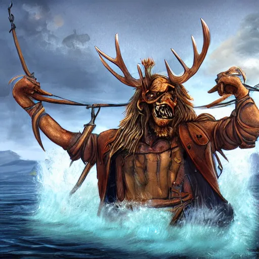 Prompt: anthropomorphic moose pirate humanoid by tooth wu, pirate ship, sea, fantasy