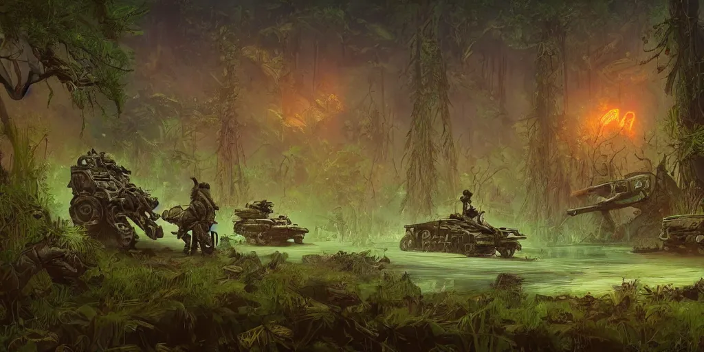 Image similar to guerrillas reed - people fighting giant tank in futuristic spiritual mystical post apocalyptic swampy forest drawn by ron gilbert, dim painterly volumetric aquatic lighting, scenic, beautiful, crisp, artstation, highly detailed