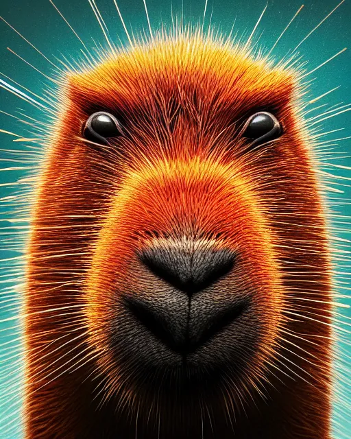 Image similar to vivid color portrait of funny giant cute eyes capybara, intricate abstract. intricate artwork, by tooth wu, wlop, beeple, dan mumford. concept art, octane render, trending on artstation, greg rutkowski very coherent symmetrical artwork. cinematic, key art, hyper realism, high detail, octane render, 8 k, iridescent accents