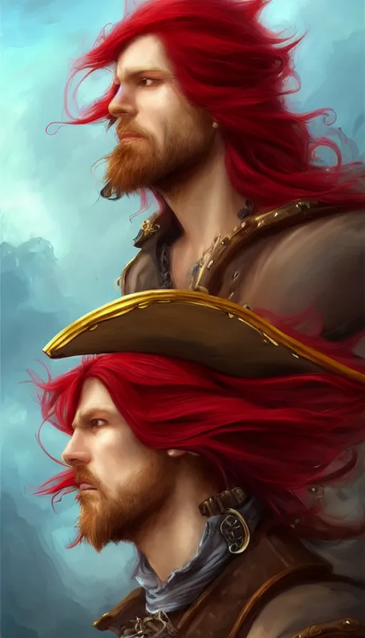 Image similar to portrait of a male pirate with flowing red hair!!!!!!, handsome, side profile, Steampunk airship!!!!!!!, D&D, fantasy, simple clothing!!!!, elegant, highly detailed, digital painting, deviantart, artstation, concept art, sharp focus, illustration, art by Artgerm and Greg Rutkowski and Alphonse Mucha