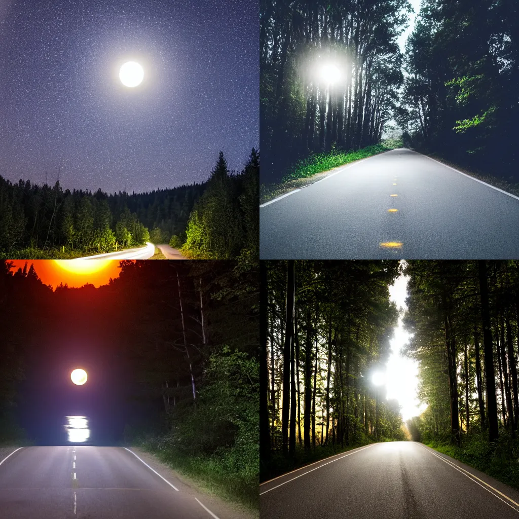 Prompt: full moon in the night sky over a forest road, road is illuminated by headlights, summer, night, ISO 800, 24.0 mm, f/11