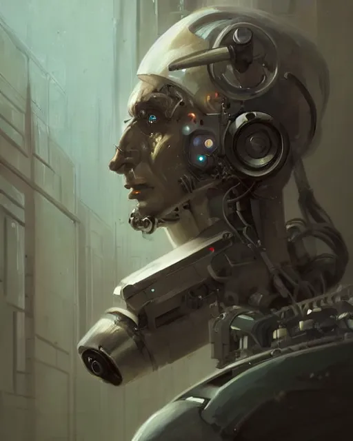 Image similar to a laboratory operator man with cybernetic enhancements seen from a distance, halfbody portrait, scifi character portrait by greg rutkowski, peter mohrbacher, daytoner, cinematic lighting, dystopian scifi gear, profile picture, mechanical, cyborg, half robot