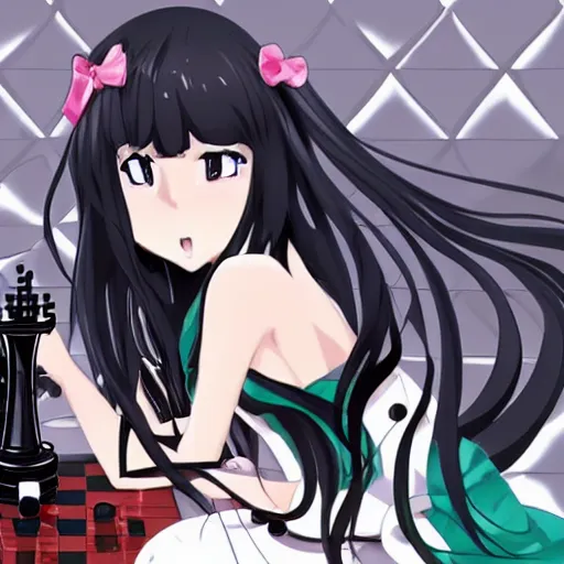 Prompt: anime art of long black hair anime girl pondering next to a chess set, official art