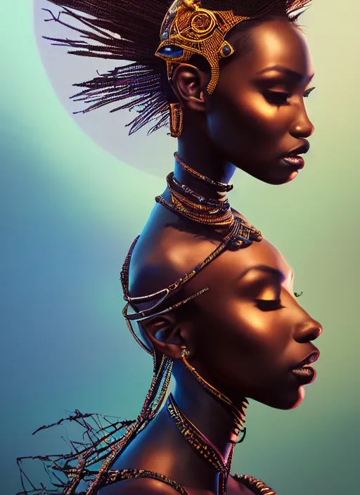 Prompt: portrait of extremely beautiful african princess, final fantasy, brown eyes, big black hair, fashion vogue, glowing cybernetic enhancements, photoshoot, photorealistic, lighting, mystical, dark savanna background, posing, close up, wlop, dan mumford, liam brazier, peter mohrbacher, octane render, cinematic, elegant, intricate details, 8 k