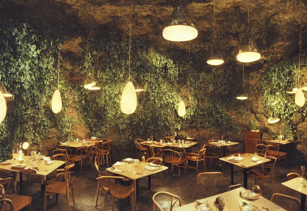 Prompt: 1970s interior design magazine photo of a restaurant built into a cave, with hanging plants and hanging lamps, and armchairs at tables, candlelit, grainy, the walls are made of rock