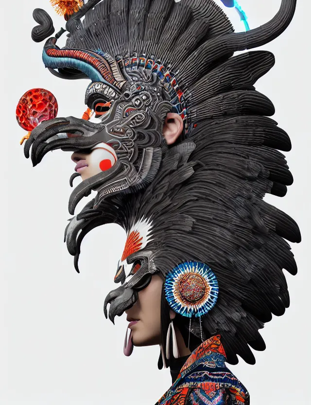 Image similar to 3 d goddess close - up profile portrait aztec with ram skull. beautiful intricately detailed japanese crow kitsune mask and clasical japanese kimono. betta fish, jellyfish phoenix, bio luminescent, plasma, ice, water, wind, creature, artwork by tooth wu and wlop and beeple and greg rutkowski