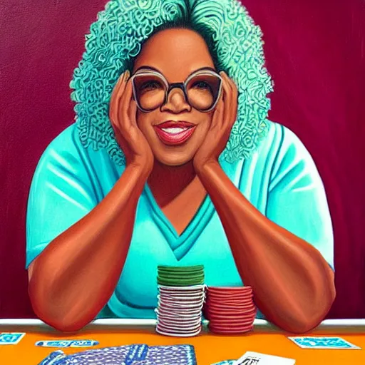 Prompt: of a painting of oprah winfrey playing poker by casey weldon