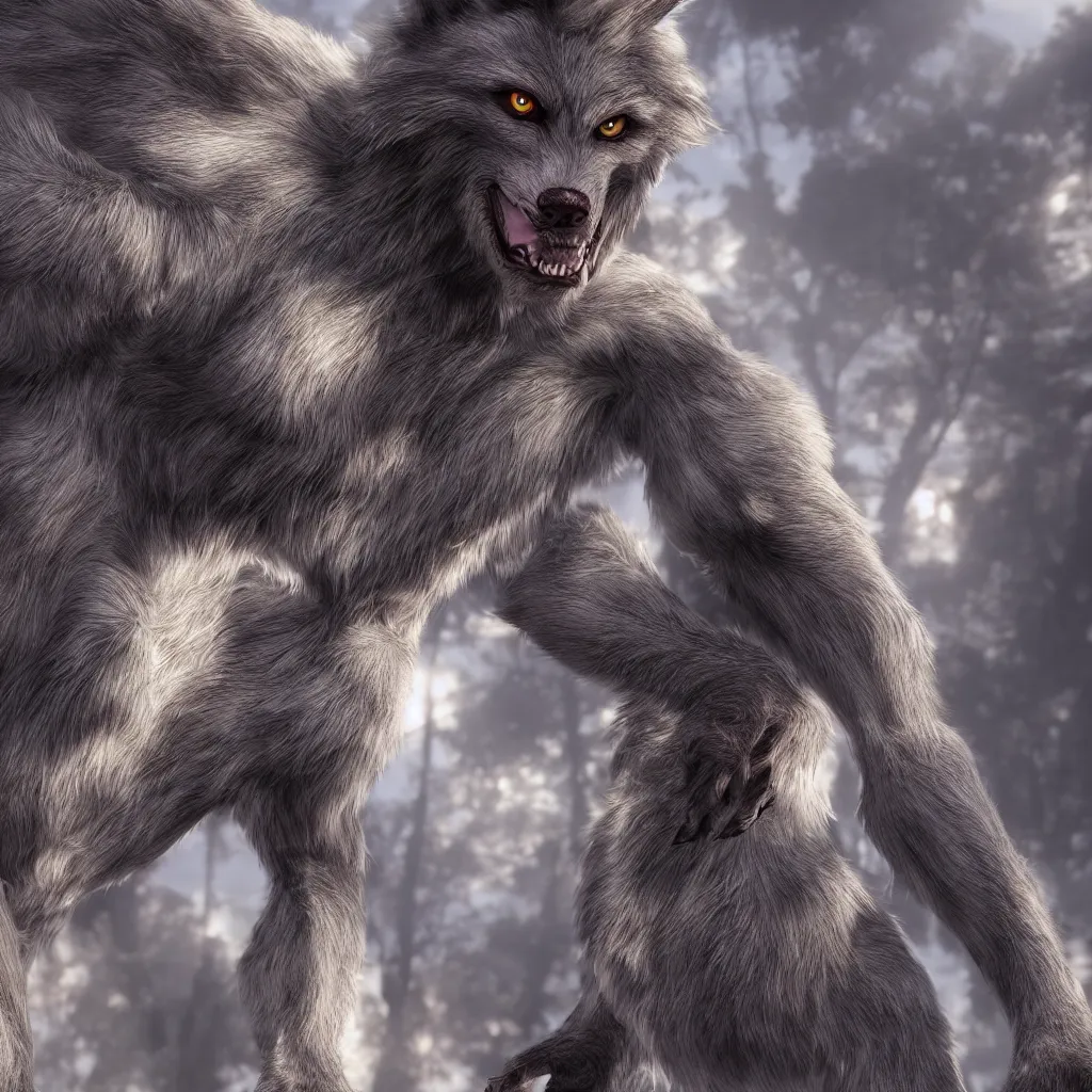 Image similar to a handsome werewolf seductive fursona, digital art, redshift render, hyperrealistic, ray - tracing photographed with canon