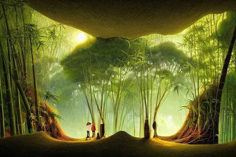 Image similar to surreal glimpse into other universe, a sun shines in bamboo cave, summer morning, very coherent and colorful high contrast, art by!!!! gediminas pranckevicius!!!!, geof darrow, dark shadows, hard lighting