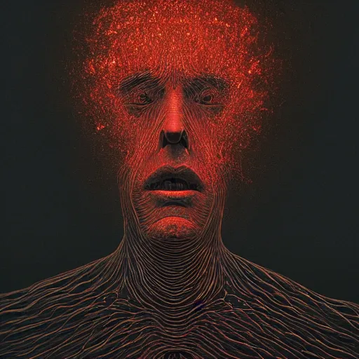 Prompt: A Black background 3@ portrait of a man with an exploding head by Zdzisław Beksiński and Ilya Repin,In style of Abstract.digital illustration,Ray tracing,hyper detailed,sharp focus,4k