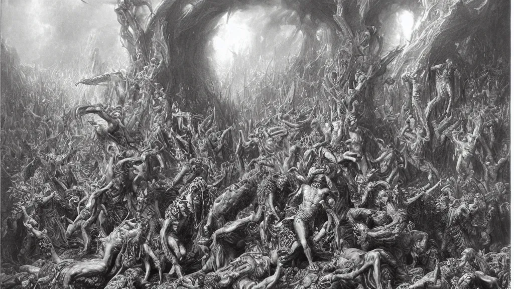 Image similar to satans fall from paradise into hell by gustave dore, james ryman, wayne barlowe. muted color