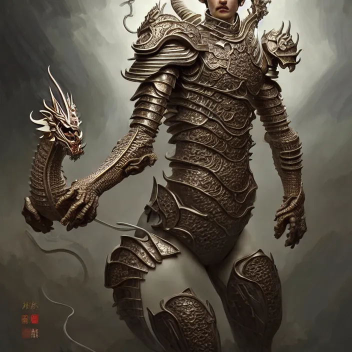 Image similar to man wearing porcelain cyborg armor, Chinese Kangxi dragon pattern porcelain, diffuse lighting, fantasy, intricate, elegant, highly detailed, lifelike, photorealistic, digital painting, artstation, illustration, concept art, smooth, sharp focus, art by John Collier and Albert Aublet and Krenz Cushart and Artem Demura and Alphonse Mucha