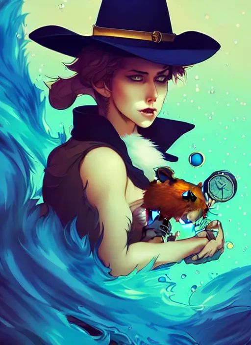 Image similar to style artgerm, joshua middleton, illustration, anthropomorphic hamster as cowboy steampunk, blue fur, swirling water cosmos, fantasy, dnd, cinematic lighting