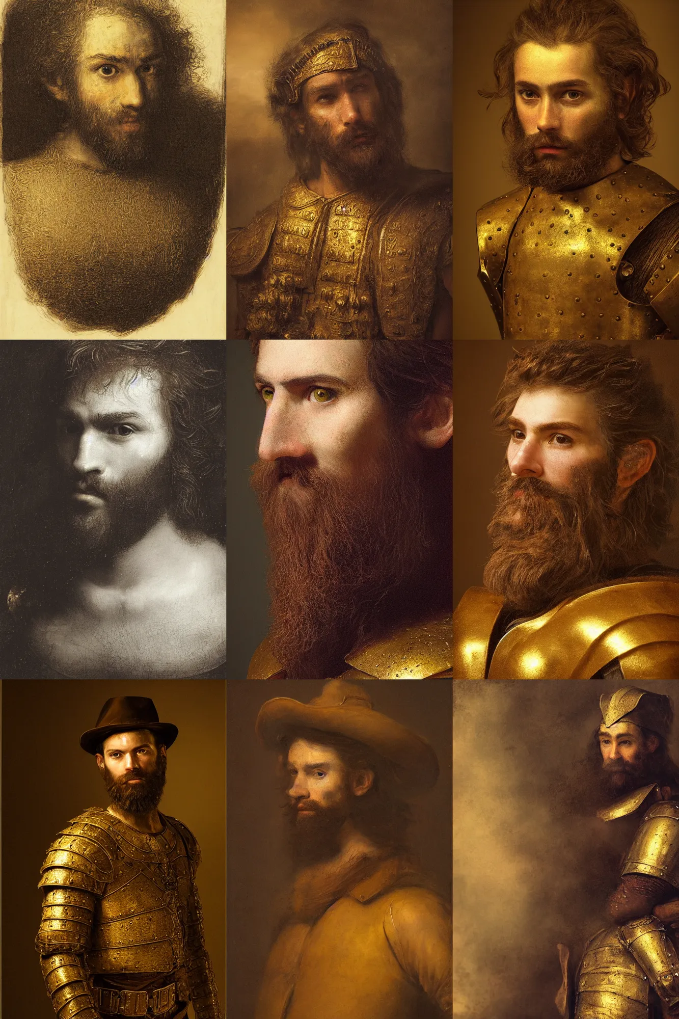 Prompt: portrait of a rugged young man, thin brown beard, expensive gold armour. makeup. cinematic lighting, highly detailed, full body shot. slender. In the style of rembrandt.