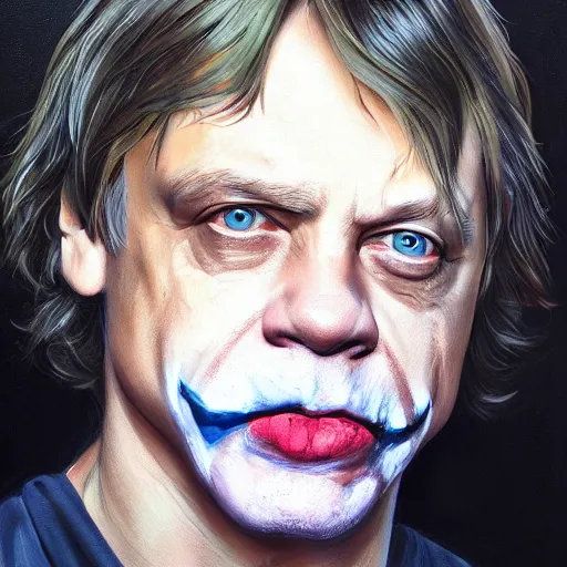 Image similar to oil painting portrait of mark hamill. half face joker, half face luke skywalker. artgerm, artstation, highly detailed, portrait