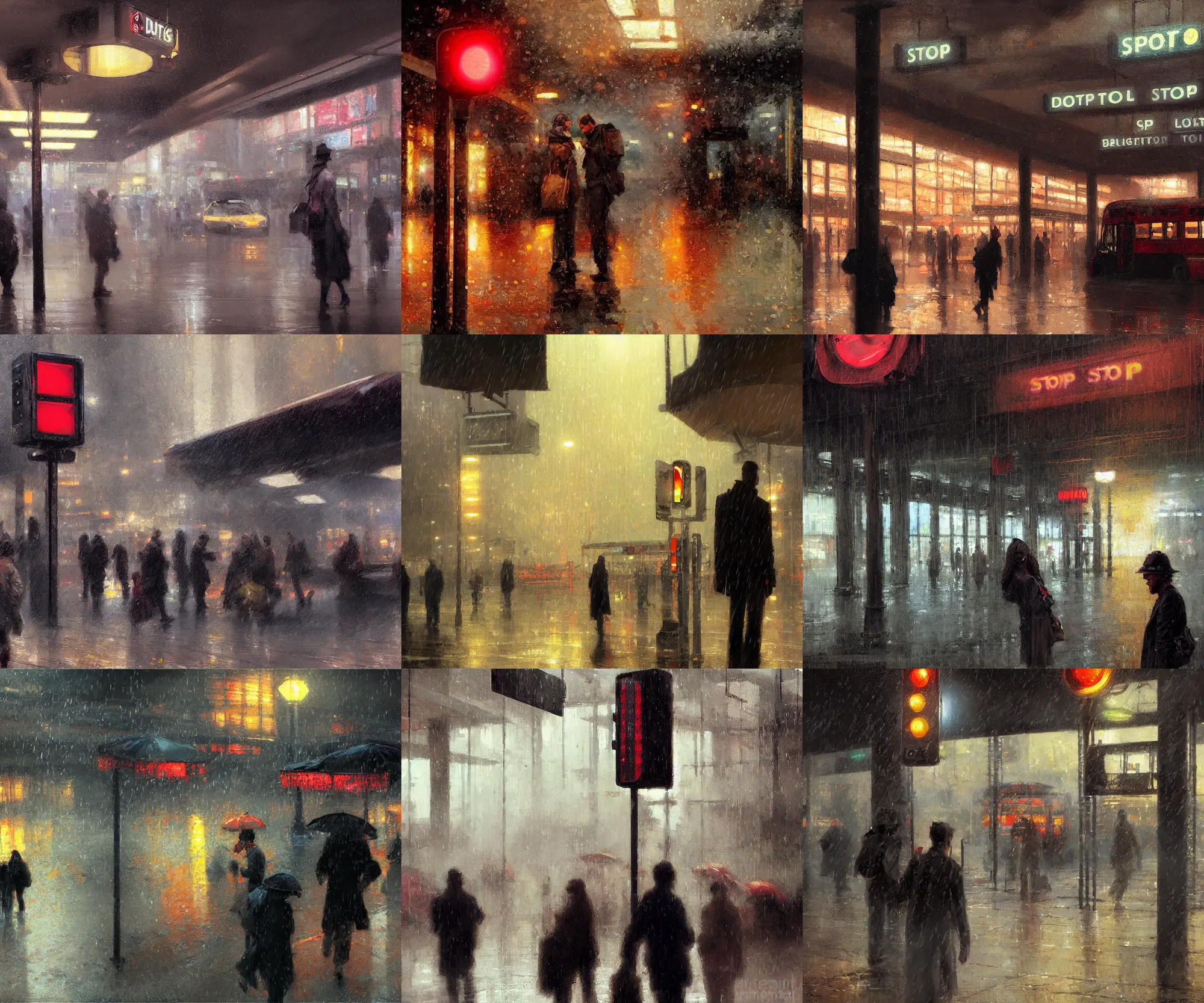 Prompt: digital art painting of a stop signal in the bus station during a rainy day painted by craig mullins and gaston bussiere and greg rutkowski, dramatic lighting, symmetrical facial features, symmetrical face, defined facial features, close up