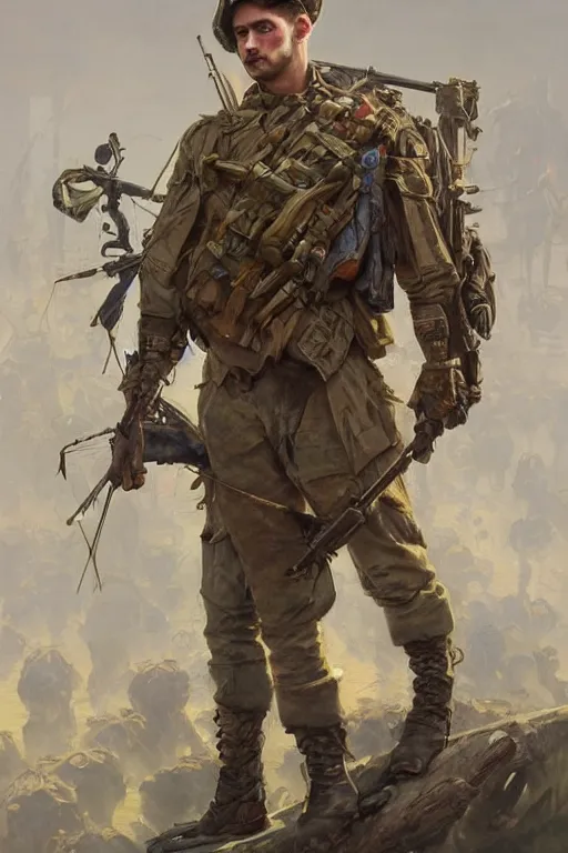 Image similar to shot of a Ukrainian soldier with Ukrainian flag, handsome, fantasy, intricate, pile of skulls under his feet, elegant, highly detailed, digital painting, artstation, concept art, smooth, sharp focus, illustration, art by artgerm and greg rutkowski and alphonse mucha