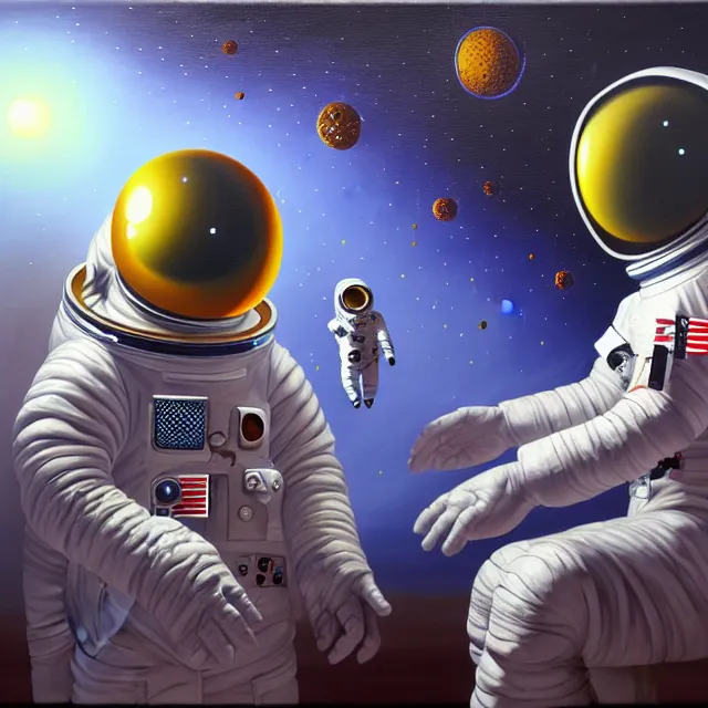 Prompt: an oil on canvas painting of an astronaut meeting an alien, polycount, surrealism, surrealist, cosmic horror, high detail