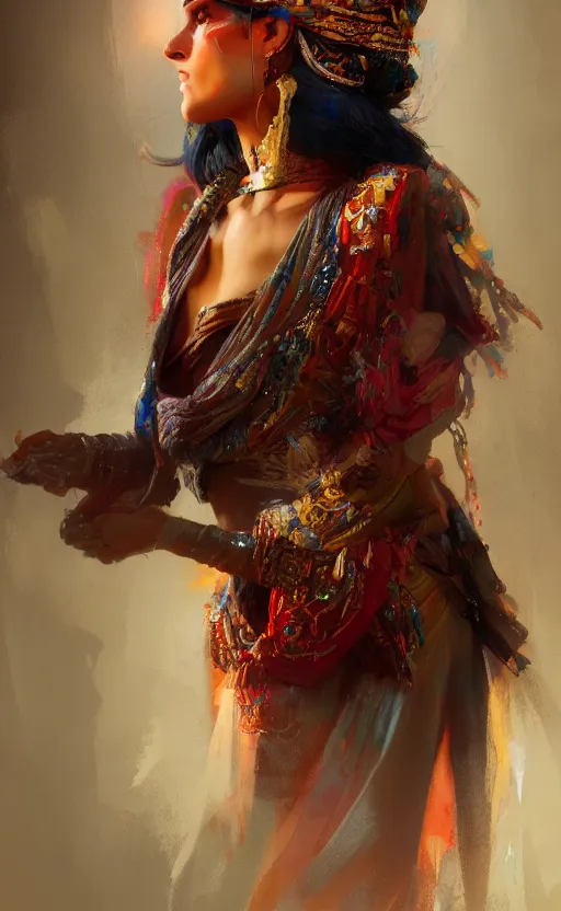 Prompt: Gypsy queen, volumetric lighting, digital painting, highly detailed, artstation, sharp focus, illustration, concept art, ruan jia, steve mccurry