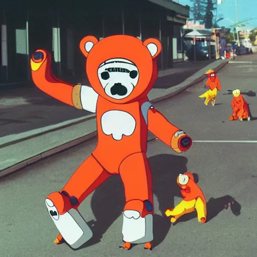 Prompt: happybears!, humanoid bears, bear costumes, happy faces, evil happy faces, rollerblading, rollerskates, four humanoid bears, 2 0 0 1 anime, flcl, golden hour, japanese town, cel - shaded, strong shadows, vivid hues, y 2 k aesthetic