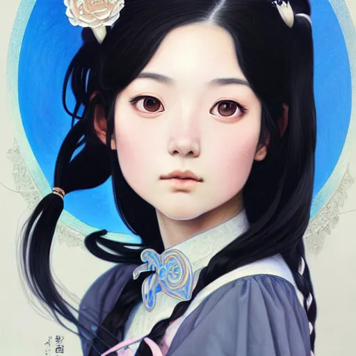 Prompt: Kotegawa Yui, Portrait of a girl with long black hair wearing a partial school uniform with a black skirt and blue top, face, fantasy, intricate, elegant, highly detailed, digital painting, artstation, concept art, smooth, sharp focus, illustration, art by Fernanda Suarez and Artem Demura and alphonse mucha