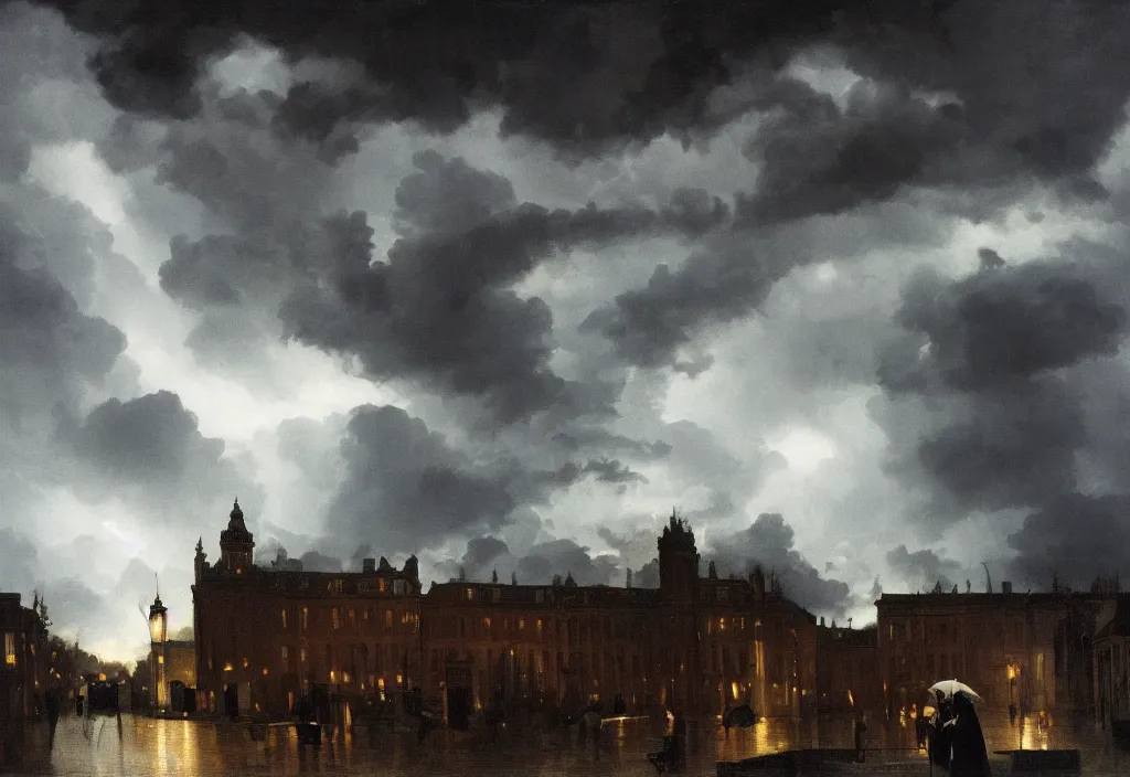 Prompt: medium shot, low-angle, painting multiple ghostly riders in the sky, dark clouds, rain, lightning, night, beautiful, dark academia aesthetic, magic vibes, soft lighting, by Vermeer, by Rutkowsky, by Perov, by Aiwazovsky, oil on canvas, Royal Academy, masterpiece, trending on artstation, cinematic composition, dramatic pose, beautiful lighting, sharp, details, hyper-detailed, HD