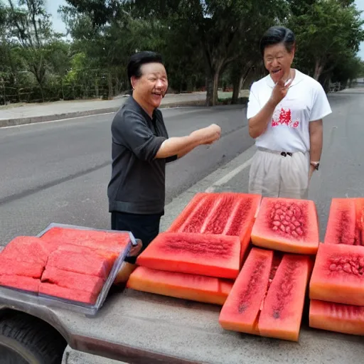 Prompt: xi jinping selling watermelons on the side of the road