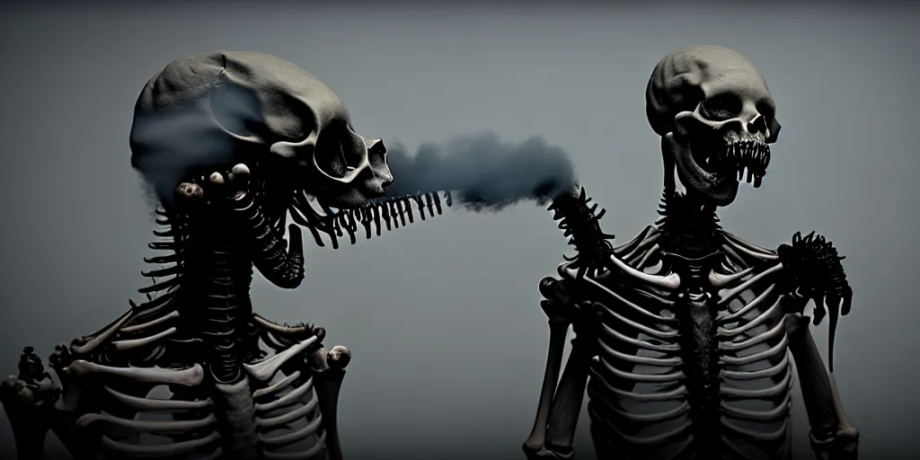 Prompt: a creature made of smoke, bones and darkness that devours anything it touches, creepy, ultrarealistic, 4 k, real engine 5