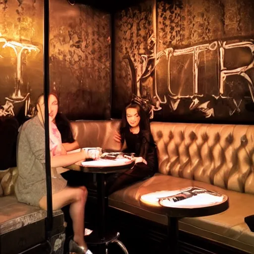 Prompt: private booth in a club with beautiful girls and two guys throwing money made by banksy