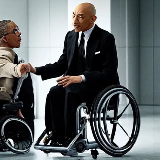 Image similar to Giancarlo Esposito as Professor X. In wheelchair