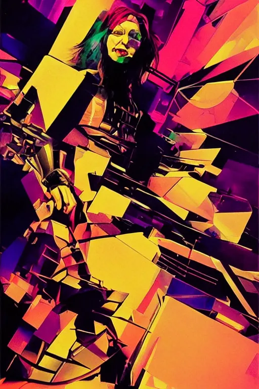 Image similar to wideangle action, portrait of a crazy heavy metal guitarist girl, decoherence, synthwave, glitch!!, fracture, vortex, realistic, hyperdetailed, concept art, golden hour, art by syd mead, cubism