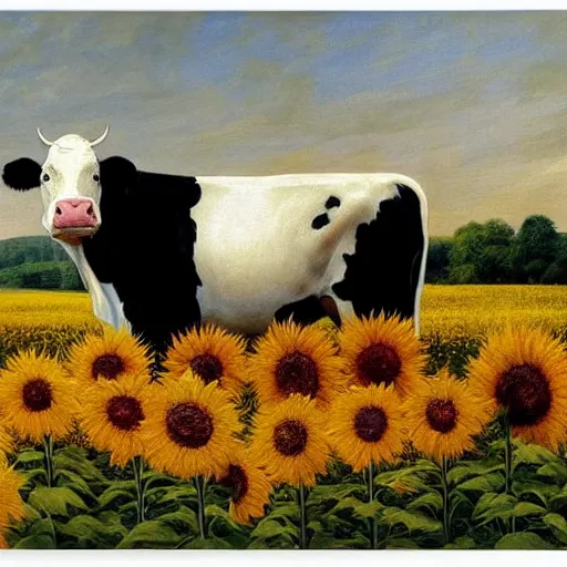 Prompt: up close face portrait of a black and white cow in a beautiful field of sunflowers with a red barn behind it, by Michael Sowa, rustic, golden hour, extremely detailed masterpiece, watercolor on canvas, by J. C. Leyendecker and Peter Paul Rubens and Edward Hopper and Michael Sowa,